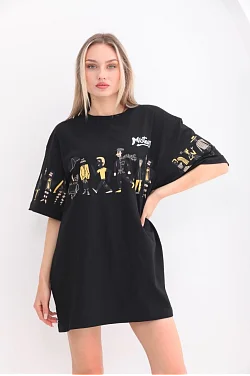 Kadın Kısa Kol Yazlık Tişört Bisiklet Yaka Baskılı Oversize T-shirt - Siyah Kadın Kısa Kol Yazlık Tişört Bisiklet Yaka Baskılı Oversize T-shirt - Siyah