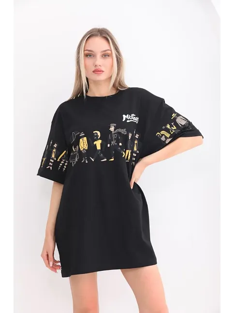 Kadın Kısa Kol Yazlık Tişört Bisiklet Yaka Baskılı Oversize T-shirt - Siyah