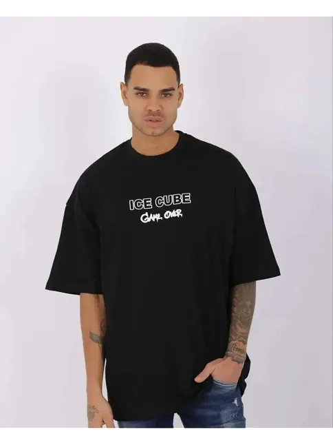 Erkek Kısa Kol Yazlık Tişört Bisiklet Yaka Baskılı Oversize T-shirt - Siyah