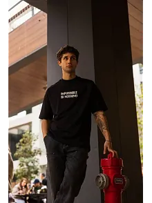 Erkek Kısa Kol Yazlık Tişört Bisiklet Yaka Baskılı Oversize T-shirt - Siyah