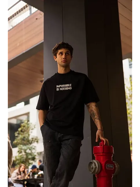 Erkek Kısa Kol Yazlık Tişört Bisiklet Yaka Baskılı Oversize T-shirt - Siyah
