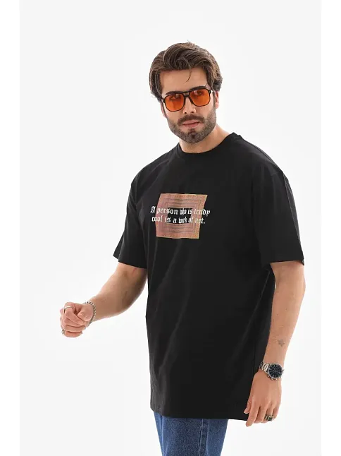 Erkek Baskılı T-shirt Kısa Kol Bisiklet Yaka Regular Fit Rahat Kalıp Tişört -  Siyah