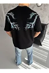 Erkek Bisiklet Yaka Tişört Yıldırım Şimşek Baskılı Kısa Kol T-shirt -siyah