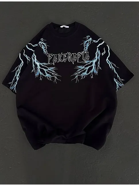 Kadın Bisiklet Yaka Baskılı  Kısa Kol Oversize T-shirt - Siyah