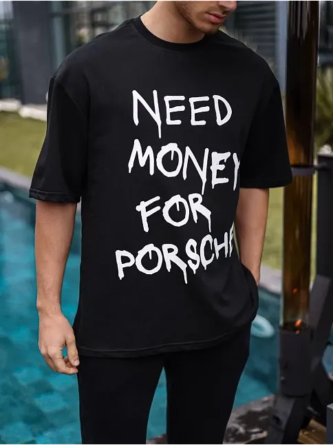 Erkek Tişört Bisiklet Yaka Baskılı Kısa Kol Oversize T-shirt - Siyah