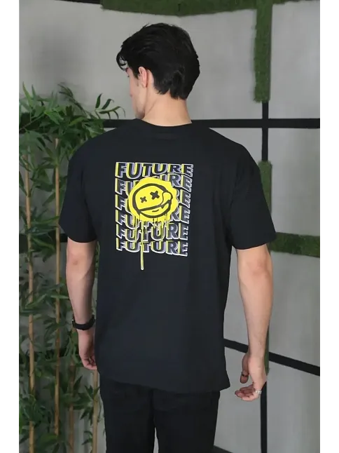 Erkek Kısa Kol Yazlık Tişört Bisiklet Yaka Baskılı Oversize T-shirt - Siyah