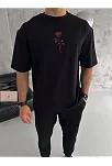 Erkek Bisiklet Yaka Baskılı Oversize  Kısa Kol T-shirt - Siyah