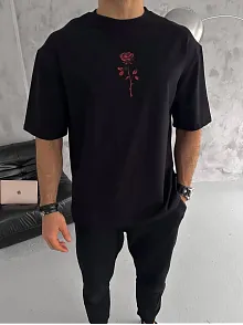 Erkek Bisiklet Yaka Baskılı Oversize  Kısa Kol T-shirt - Siyah