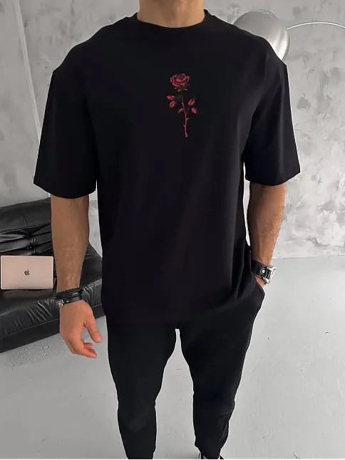Erkek Bisiklet Yaka Baskılı Oversize  Kısa Kol T-shirt - Siyah