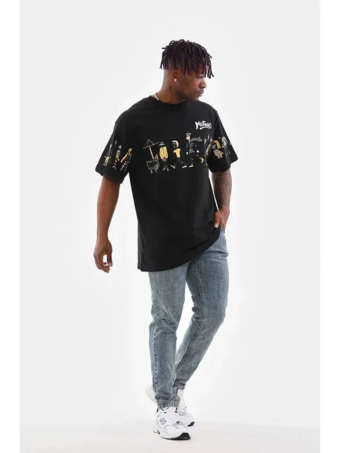 Erkek Kısa Kol Yazlık Tişört Bisiklet Yaka Baskılı Oversize T-shirt - Siyah