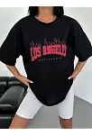 Kadın Kısa Kol Yazlık Tişört Bisiklet Yaka Los Angeles Baskılı T-shirt - Siyah