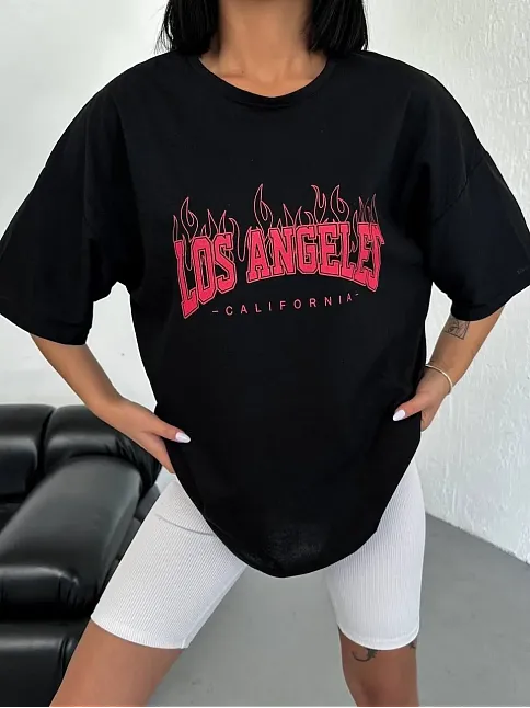 Kadın Kısa Kol Yazlık Tişört Bisiklet Yaka Los Angeles Baskılı T-shirt - Siyah
