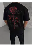 Erkek Bisiklet Yaka Baskılı Oversize  Kısa Kol T-shirt - Siyah