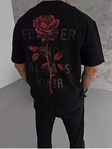 Erkek Bisiklet Yaka Baskılı Oversize  Kısa Kol T-shirt - Siyah