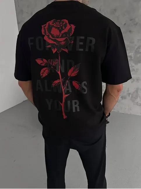 Erkek Bisiklet Yaka Baskılı Oversize  Kısa Kol T-shirt - Siyah