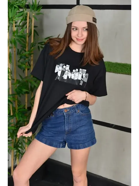 Kadın Bisiklet Yaka Baskılı  Kısa Kol Oversize T-shirt - Siyah