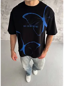 Erkek Kısa Kol Yazlık Tişört Bisiklet Yaka Baskılı Oversize T-shirt - Siyah