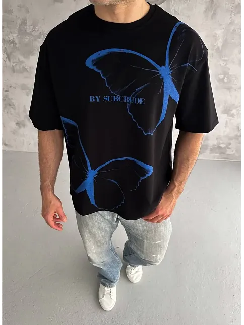 Erkek Kısa Kol Yazlık Tişört Bisiklet Yaka Baskılı Oversize T-shirt - Siyah