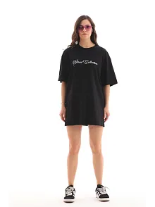 Kadın Baskılı T-shirt Kısa Kol Bisiklet Yaka Oversize Rahat Kalıp Günlük Tişört - Siyah