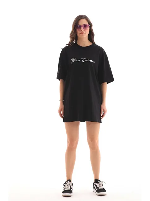 Kadın Baskılı T-shirt Kısa Kol Bisiklet Yaka Oversize Rahat Kalıp Günlük Tişört - Siyah