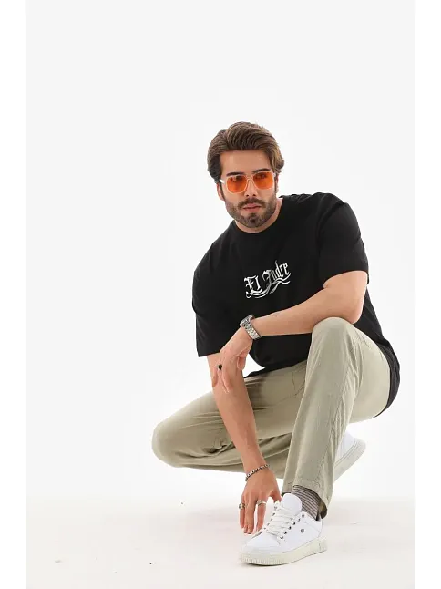 Erkek Kısa Kol Yazlık Tişört Bisiklet Yaka Baskılı Oversize T-shirt - Siyah