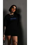 Kadın Bisiklet Yaka Baskılı Oversize  Kısa Kol T-shirt - Siyah