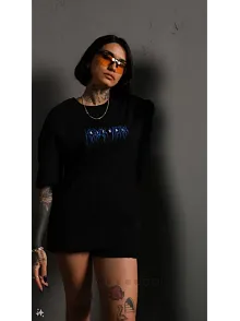 Kadın Bisiklet Yaka Baskılı Oversize  Kısa Kol T-shirt - Siyah