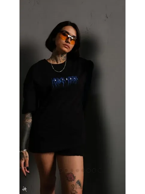 Kadın Bisiklet Yaka Baskılı Oversize  Kısa Kol T-shirt - Siyah