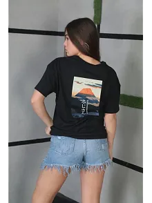 Kadın Bisiklet Yaka Baskılı Kısa Kol Oversize T-shirt - Siyah