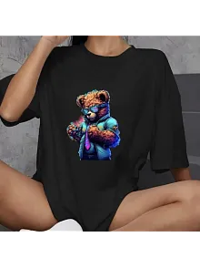 Kadın Baskılı T-shirt Kısa Kol Bisiklet Yaka Oversize Rahat Kalıp Günlük Tişört   - Siyah