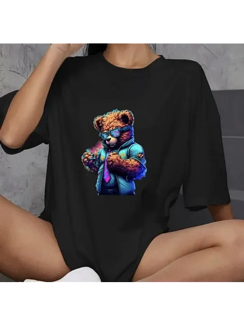 Kadın Baskılı T-shirt Kısa Kol Bisiklet Yaka Oversize Rahat Kalıp Günlük Tişört   - Siyah