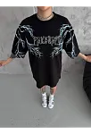 Kadın Bisiklet Yaka Yıldırım Baskılı  Kısa Kol Oversize T-shirt - Siyah