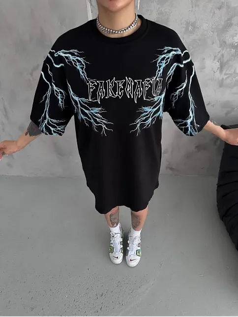 Kadın Bisiklet Yaka Yıldırım Baskılı  Kısa Kol Oversize T-shirt - Siyah