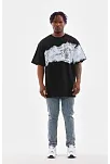 Erkek  Bisiklet Yaka Baskılı Oversize T-shirt - Siyah