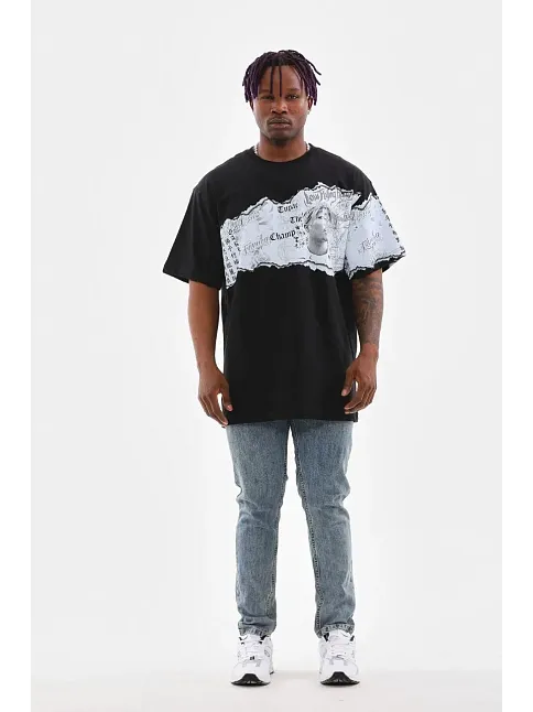 Erkek  Bisiklet Yaka Baskılı Oversize T-shirt - Siyah