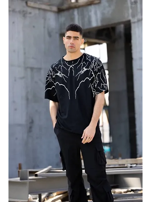 Erkek Yıldırım Şimşek Baskılı T-shirt Kısa Kol Bisiklet Yaka Tişört - Siyah