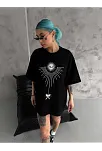 Kadın Bisiklet Yaka Baskılı Oversize  Kısa Kol T-shirt - Siyah