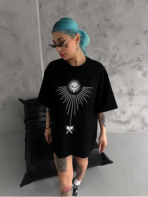 Kadın Bisiklet Yaka Baskılı Oversize  Kısa Kol T-shirt - Siyah