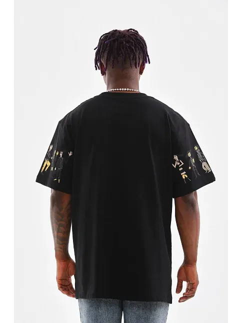 Erkek Kısa Kol Yazlık Tişört Bisiklet Yaka Baskılı Oversize T-shirt - Siyah