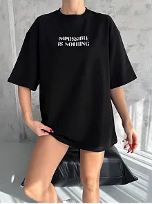 Kadın Bisiklet Yaka Baskılı Oversize  Kısa Kol T-shirt - Siyah