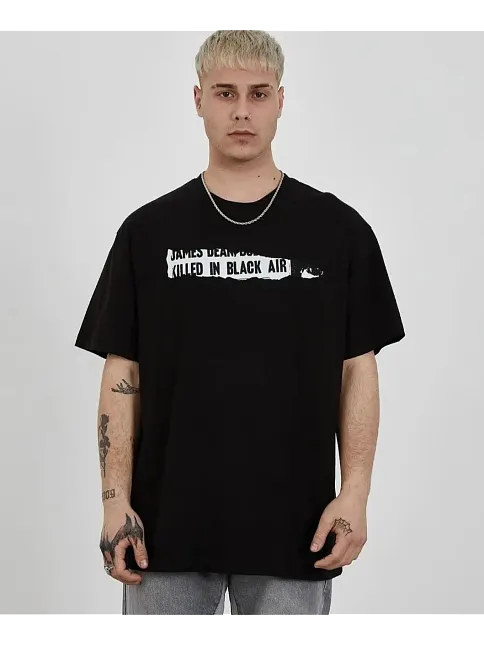 Erkek Kısa Kol Yazlık Tişört Bisiklet Yaka Baskılı Oversize T-shirt - Siyah