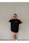 Kadın Bisiklet Yaka Baskılı Kısa Kol Oversize T-shirt - Siyah