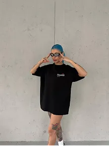 Kadın Bisiklet Yaka Baskılı Kısa Kol Oversize T-shirt - Siyah