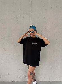 Kadın Bisiklet Yaka Baskılı Kısa Kol Oversize T-shirt - Siyah