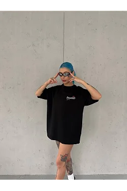 Kadın Bisiklet Yaka Baskılı Kısa Kol Oversize T-shirt - Siyah