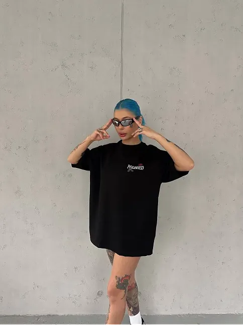 Kadın Bisiklet Yaka Baskılı Kısa Kol Oversize T-shirt - Siyah