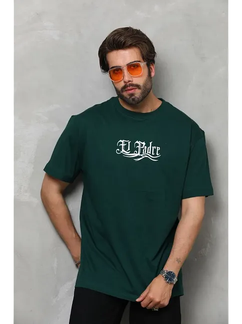 Erkek Kısa Kol Yazlık Tişört Bisiklet Yaka Baskılı Oversize T-shirt - Yeşil