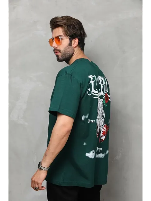 Erkek Kısa Kol Yazlık Tişört Bisiklet Yaka Baskılı Oversize T-shirt - Yeşil