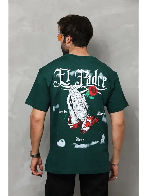 Erkek Kısa Kol Yazlık Tişört Bisiklet Yaka Baskılı Oversize T-shirt - Yeşil