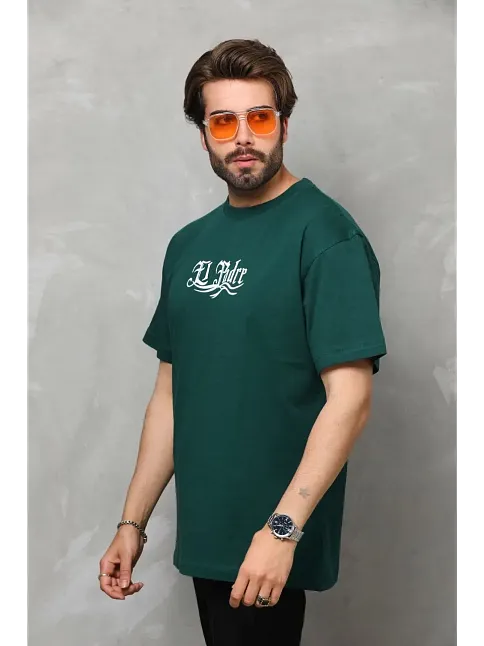 Erkek Kısa Kol Yazlık Tişört Bisiklet Yaka Baskılı Oversize T-shirt - Yeşil